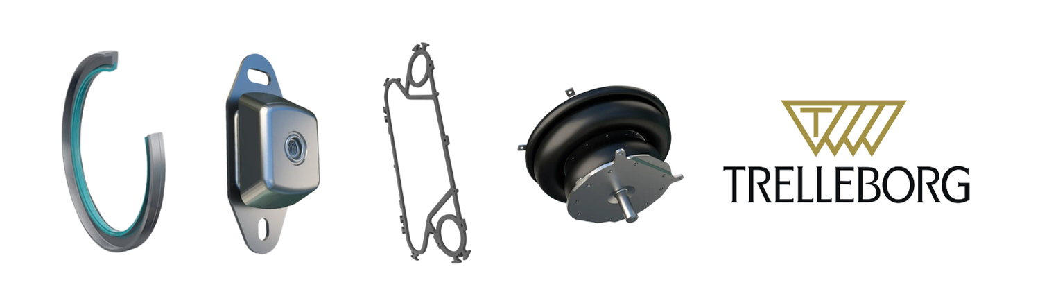 Trelleborg rotary shaft seal, a rubber-to-metal anti-vibration mount, a plate heat exchanger gasket, a large rubber diaphragm assembly, and the Trelleborg logo